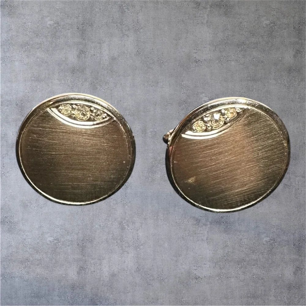 Vintage‎ Round Silver Tone Cufflinks Brushed Finish Rhinestone Accent